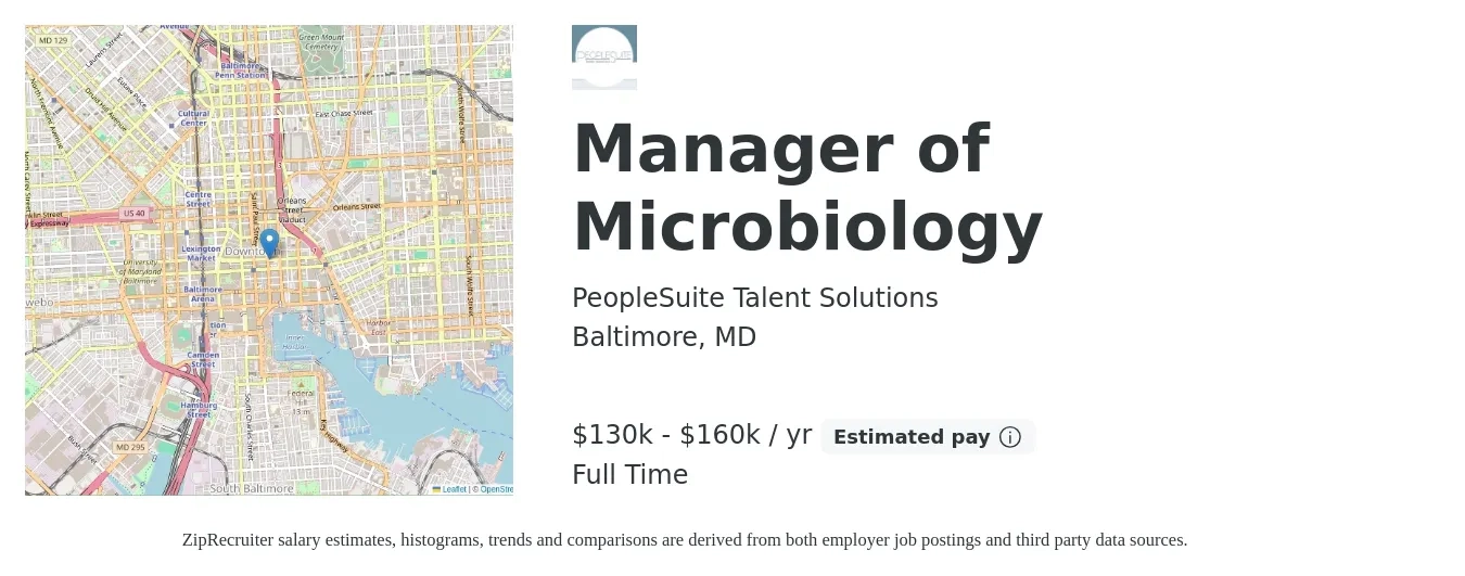PeopleSuite Talent Solutions job posting for a Manager of Microbiology in Baltimore, MD with a salary of $130,000 to $160,000 Yearly with a map of Baltimore location.
