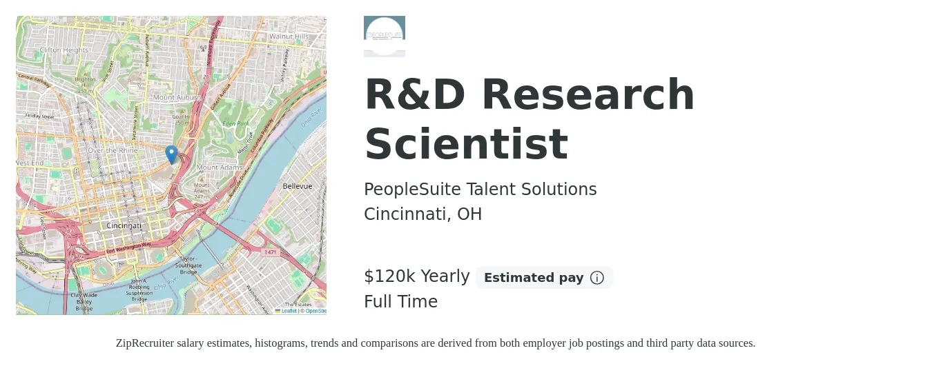 PeopleSuite Talent Solutions job posting for a R&D Research Scientist in Cincinnati, OH with a salary of $120,000 Yearly with a map of Cincinnati location.