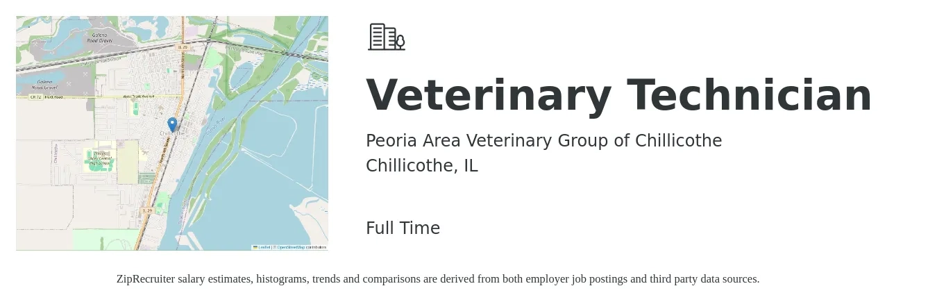 Peoria Area Veterinary Group of Chillicothe job posting for a Veterinary Technician in Chillicothe, IL with a salary of $17 to $23 Hourly with a map of Chillicothe location.