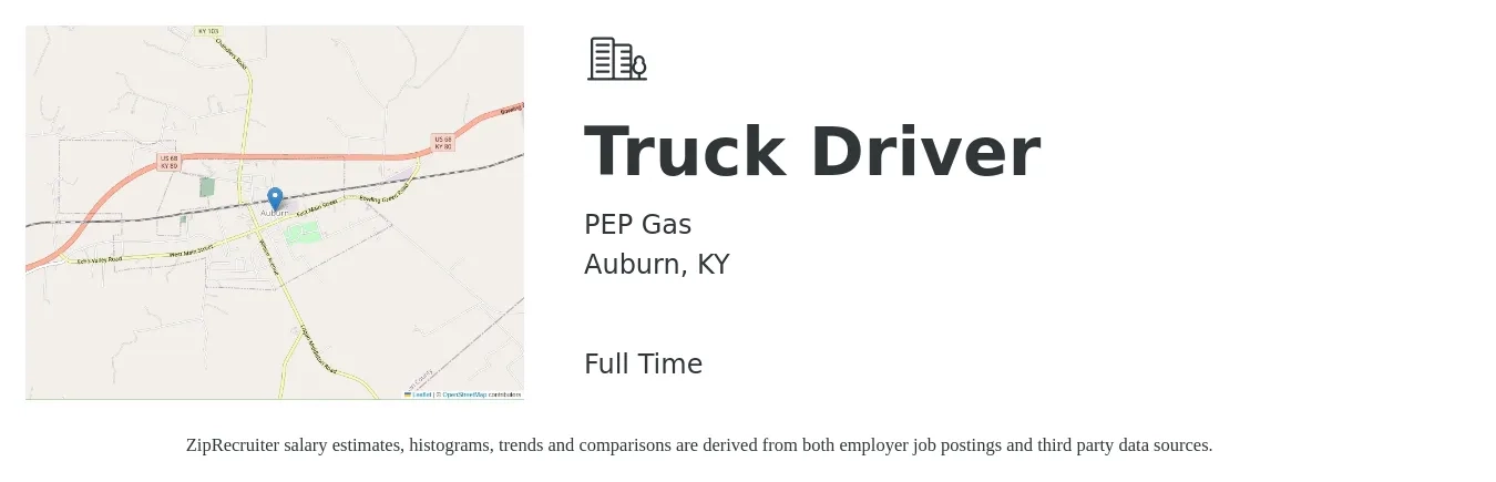 PEP Gas job posting for a Truck Driver in Auburn, KY with a salary of $18 to $29 Hourly with a map of Auburn location.