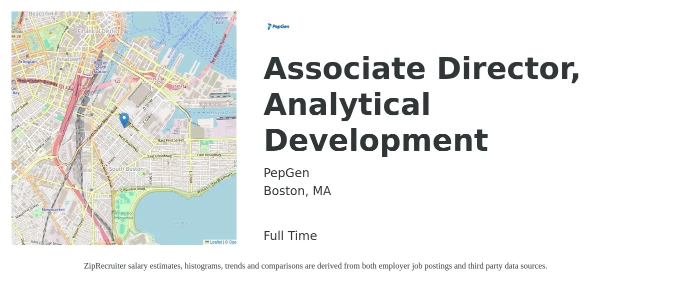 PepGen job posting for a Associate Director, Analytical Development in Boston, MA with a salary of $78,900 to $112,000 Yearly with a map of Boston location.
