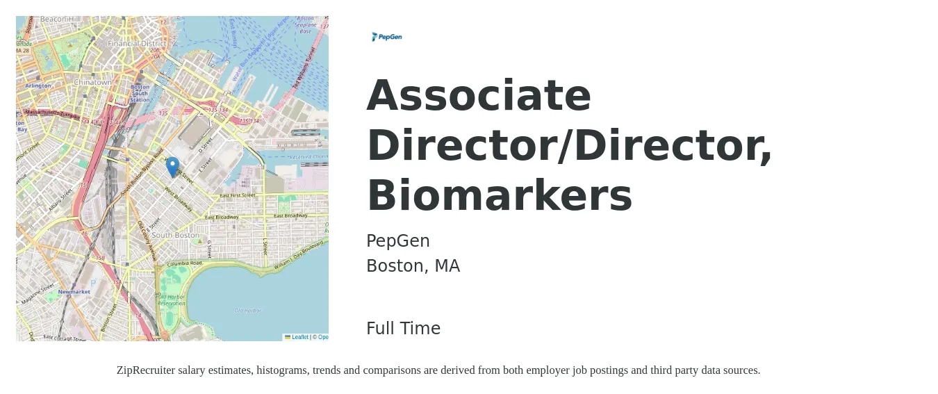 PepGen job posting for a Associate Director/Director, Biomarkers in Boston, MA with a salary of $76,100 to $153,400 Yearly with a map of Boston location.