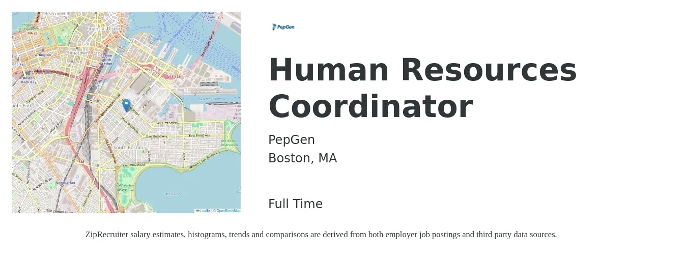 PepGen job posting for a Human Resources Coordinator in Boston, MA with a salary of $23 to $30 Hourly with a map of Boston location.