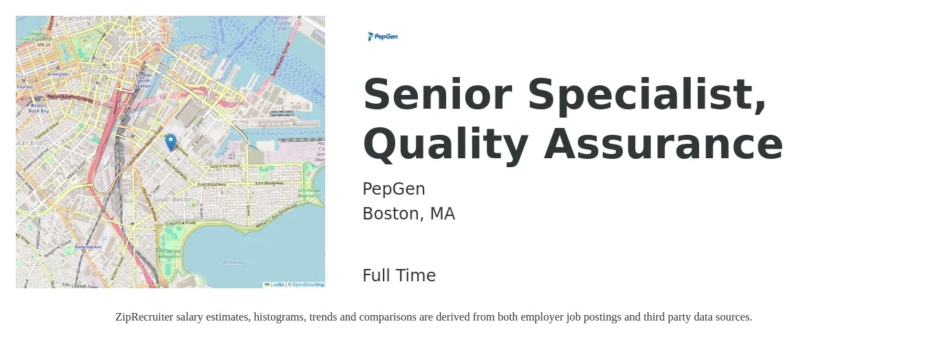 PepGen job posting for a Senior Specialist, Quality Assurance in Boston, MA with a salary of $89,700 to $123,500 Yearly with a map of Boston location.