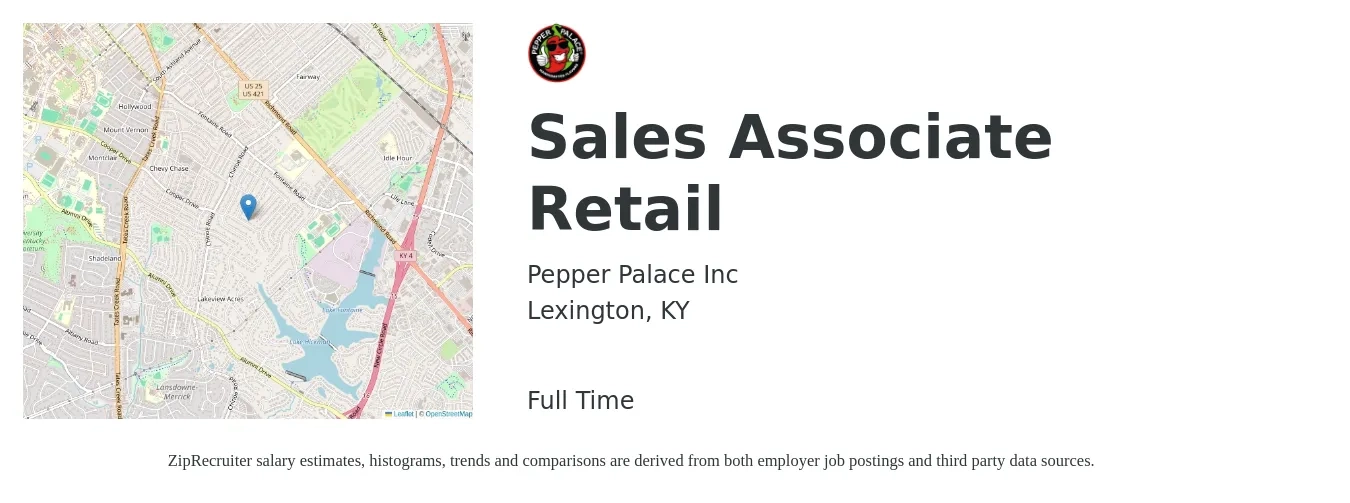 Pepper Palace Inc job posting for a Sales Associate Retail in Lexington, KY with a salary of $13 to $15 Hourly with a map of Lexington location.