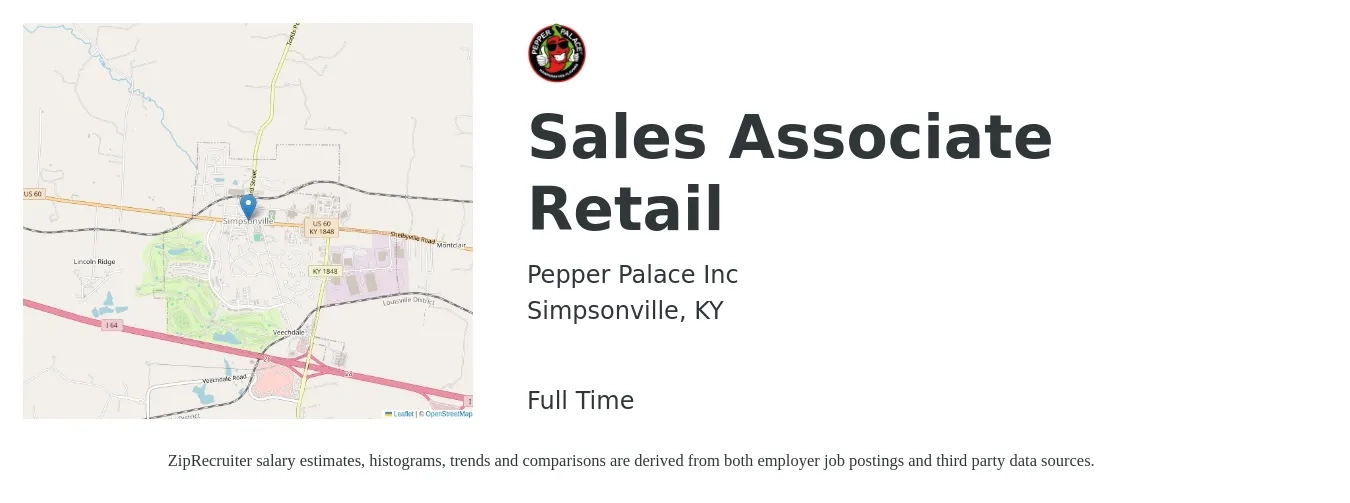 Pepper Palace Inc job posting for a Sales Associate Retail in Simpsonville, KY with a salary of $14 to $16 Hourly with a map of Simpsonville location.