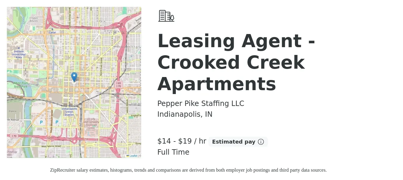 Pepper Pike Staffing LLC job posting for a Leasing Agent - Crooked Creek Apartments in Indianapolis, IN with a salary of $15 to $20 Hourly with a map of Indianapolis location.