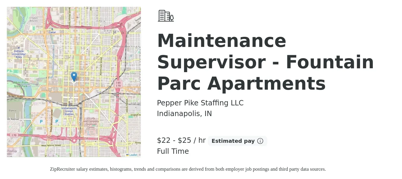 Pepper Pike Staffing LLC job posting for a Maintenance Supervisor - Fountain Parc Apartments in Indianapolis, IN with a salary of $23 to $26 Hourly with a map of Indianapolis location.