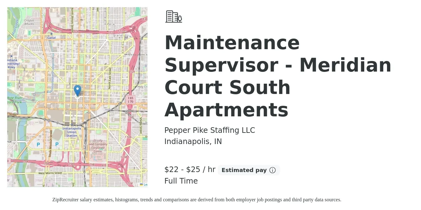 Pepper Pike Staffing LLC job posting for a Maintenance Supervisor - Meridian Court South Apartments in Indianapolis, IN with a salary of $23 to $26 Hourly with a map of Indianapolis location.