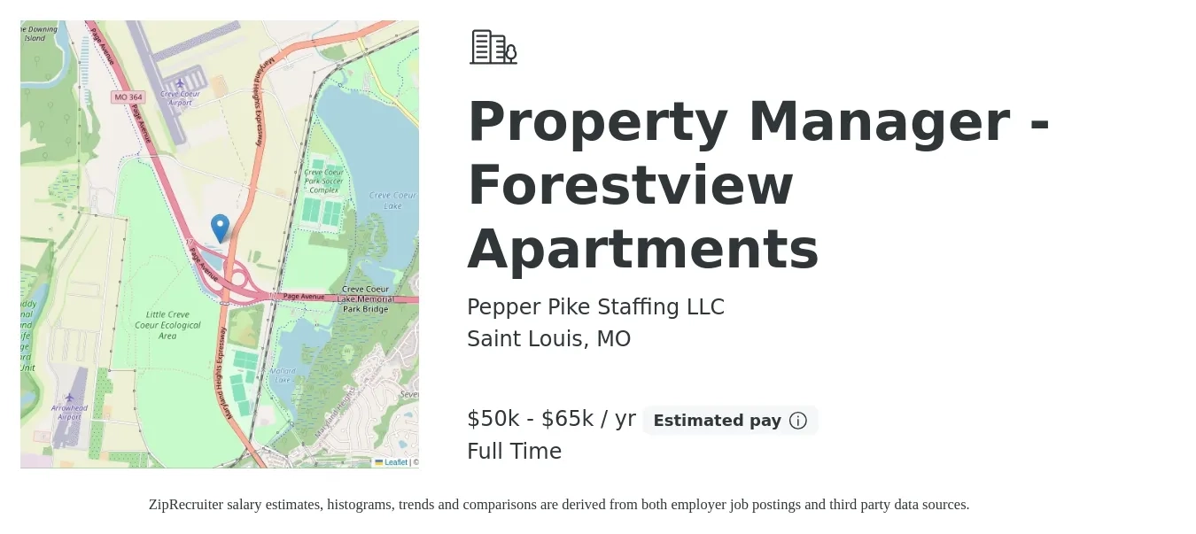 Pepper Pike Staffing LLC job posting for a Property Manager - Forestview Apartments in Saint Louis, MO with a salary of $24 to $30 Hourly with a map of Saint Louis location.