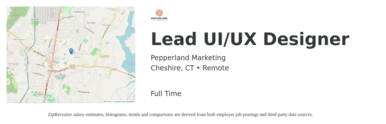 Pepperland Marketing job posting for a Lead UI/UX Designer in Cheshire, CT with a salary of $43 to $68 Hourly with a map of Cheshire location.