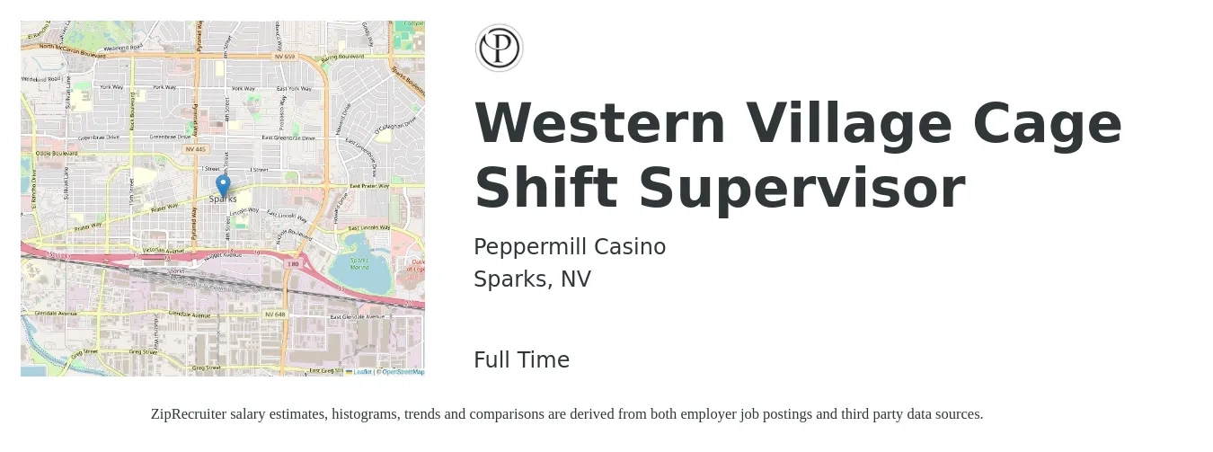 Peppermill Casino job posting for a Western Village Cage Shift Supervisor in Sparks, NV with a salary of $20 to $27 Hourly with a map of Sparks location.