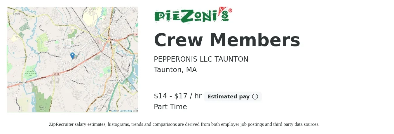PEPPERONIS LLC TAUNTON job posting for a Crew Members in Taunton, MA with a salary of $15 to $18 Hourly (plus commission) with a map of Taunton location.