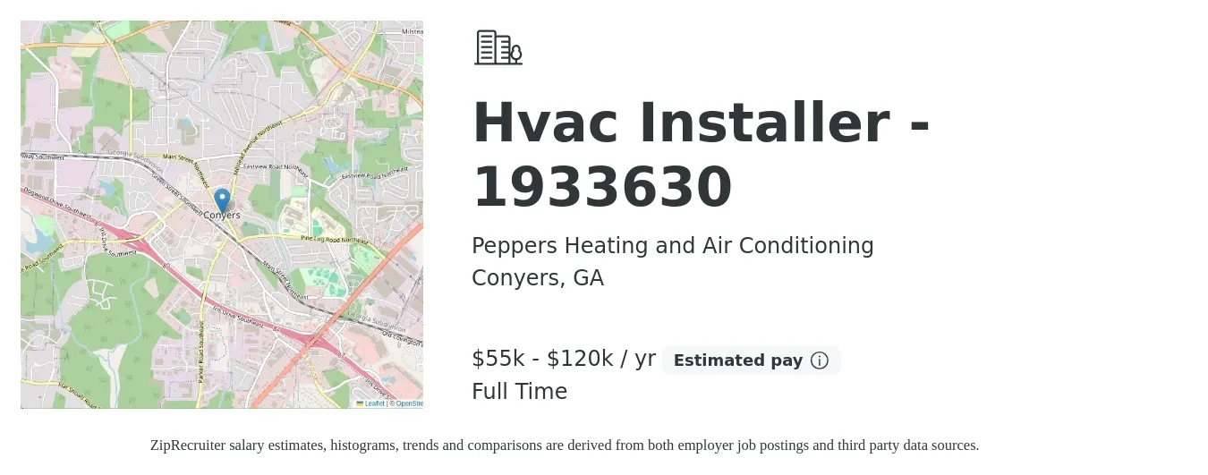 Peppers Heating and Air Conditioning job posting for a Hvac Installer - 1933630 in Conyers, GA with a salary of $55,000 to $120,000 Yearly with a map of Conyers location.