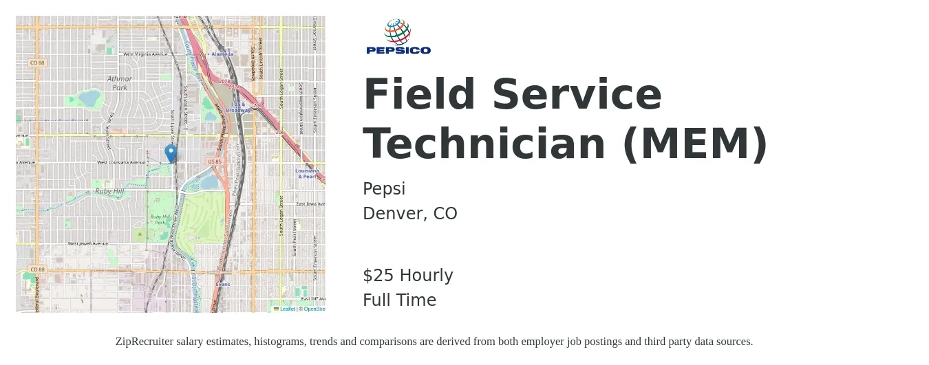 Pepsi job posting for a Field Service Technician (MEM) in Denver, CO with a salary of $27 Hourly with a map of Denver location.