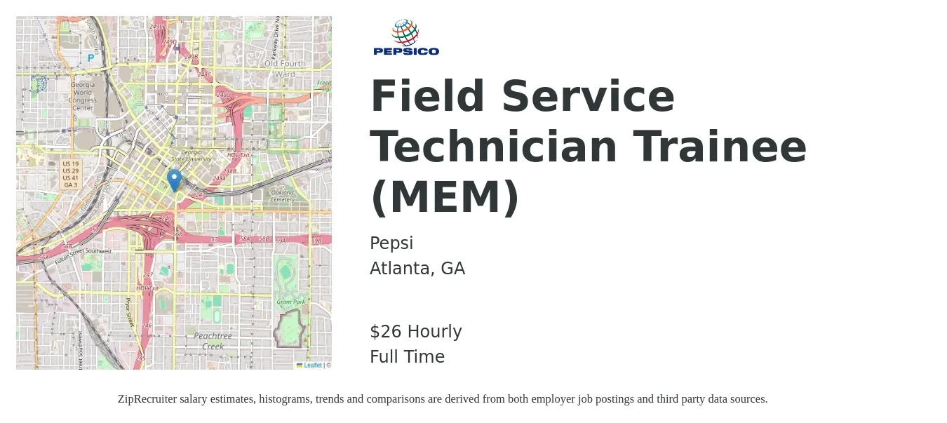 Pepsi job posting for a Field Service Technician Trainee (MEM) in Atlanta, GA with a salary of $28 Hourly with a map of Atlanta location.