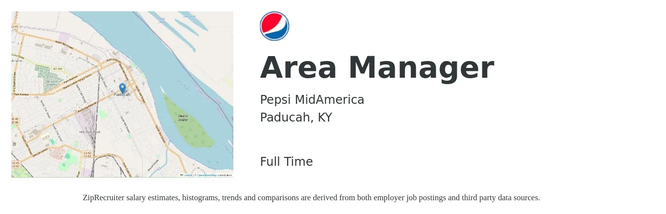 Pepsi MidAmerica job posting for a Area Manager in Paducah, KY with a salary of $37,800 to $70,100 Yearly with a map of Paducah location.