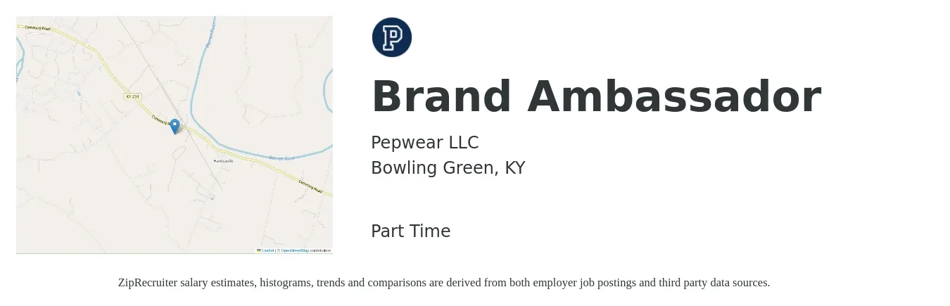 Pepwear LLC job posting for a Brand Ambassador in Bowling Green, KY with a salary of $17 to $24 Hourly with a map of Bowling Green location.
