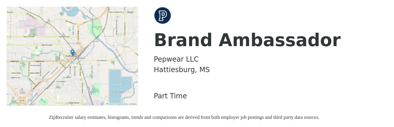 Pepwear LLC job posting for a Brand Ambassador in Hattiesburg, MS with a salary of $17 to $24 Hourly with a map of Hattiesburg location.