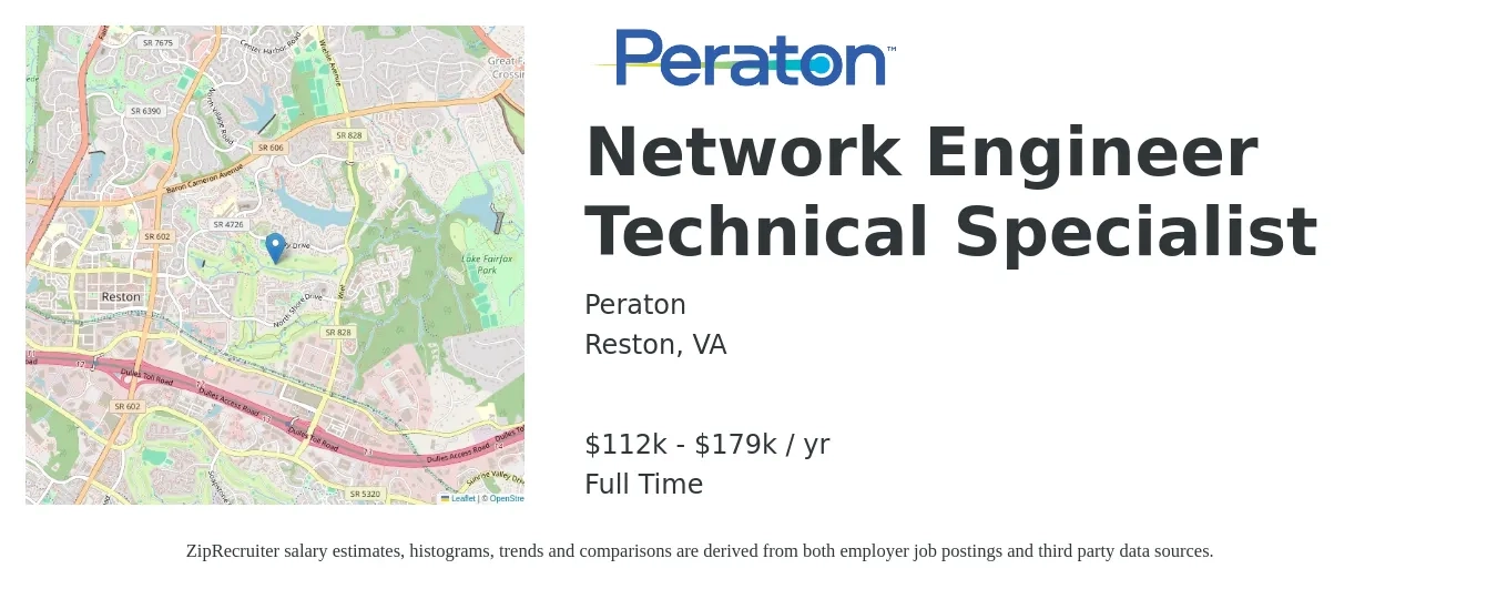 Peraton job posting for a Network Engineer Technical Specialist in Reston, VA with a salary of $112,000 to $179,000 Yearly with a map of Reston location.