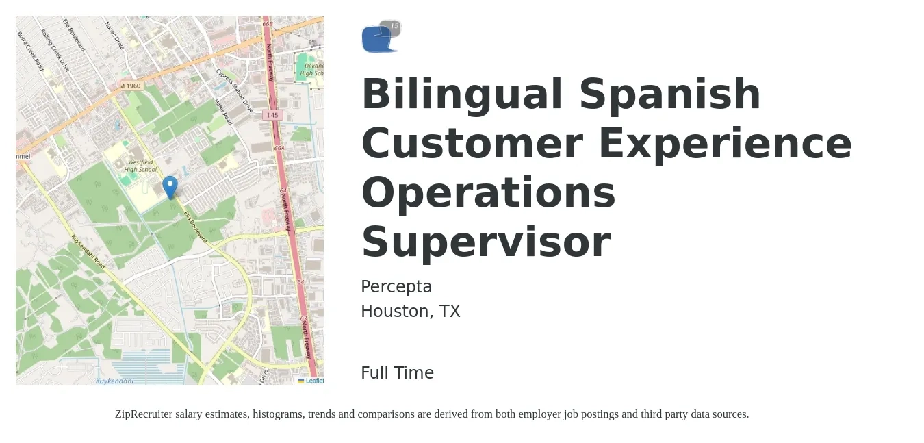 Percepta job posting for a Bilingual Spanish Customer Experience Operations Supervisor in Houston, TX with a salary of $128,000 Yearly with a map of Houston location.