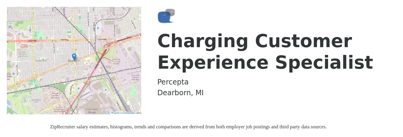 Percepta job posting for a Charging Customer Experience Specialist in Dearborn, MI with a salary of $16 to $21 Hourly with a map of Dearborn location.