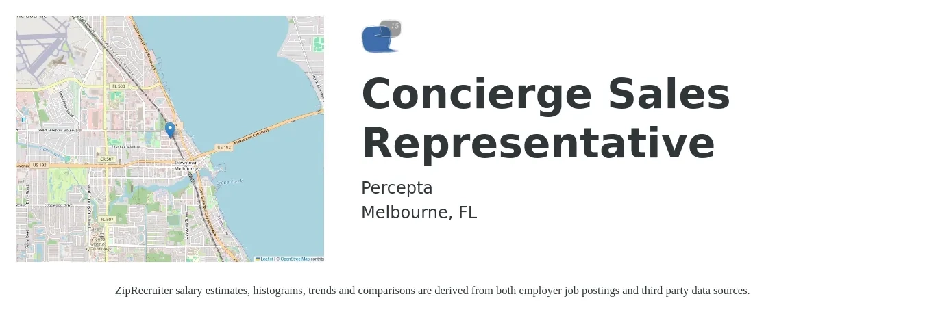 Percepta job posting for a Concierge Sales Representative in Melbourne, FL with a salary of $14 to $18 Hourly with a map of Melbourne location.