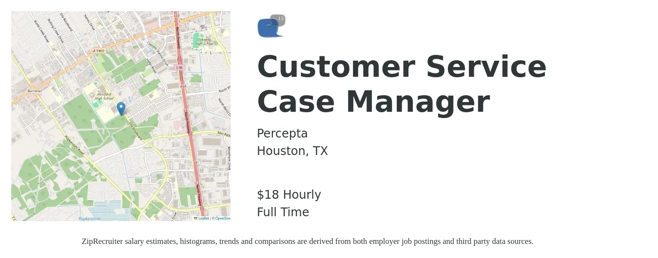 Percepta job posting for a Customer Service Case Manager in Houston, TX with a salary of $20 Hourly with a map of Houston location.