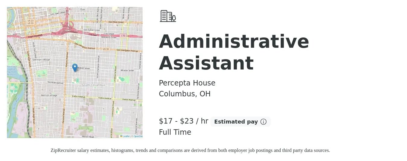 Percepta House job posting for a Administrative Assistant in Columbus, OH with a salary of $18 to $25 Hourly with a map of Columbus location.