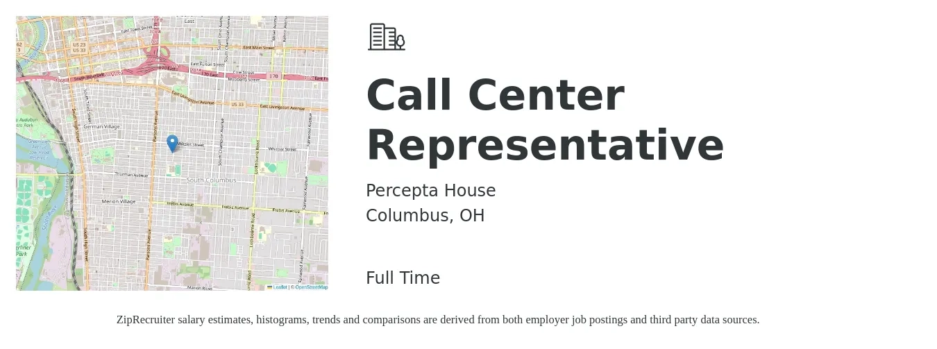 Percepta House job posting for a Call Center Representative in Columbus, OH with a salary of $16 to $19 Hourly with a map of Columbus location.