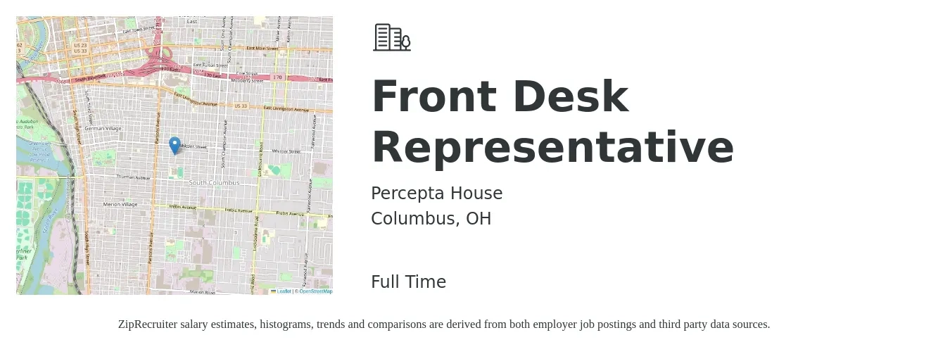Percepta House job posting for a Front Desk Representative in Columbus, OH with a salary of $14 to $18 Hourly with a map of Columbus location.