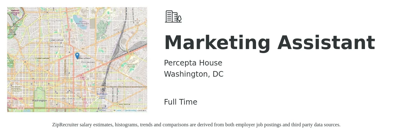 Percepta House job posting for a Marketing Assistant in Washington, DC with a salary of $725 to $1,150 Weekly with a map of Washington location.