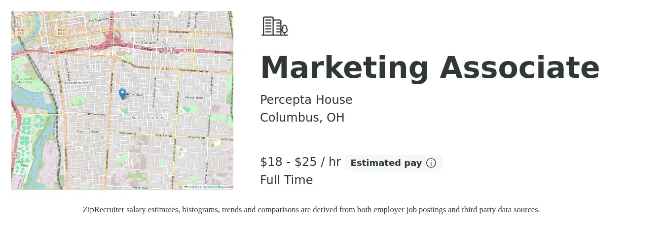 Percepta House job posting for a Marketing Associate in Columbus, OH with a salary of $19 to $27 Hourly with a map of Columbus location.