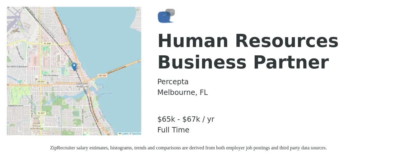 Percepta job posting for a Human Resources Business Partner in Melbourne, FL with a salary of $65,000 to $67,000 Yearly with a map of Melbourne location.