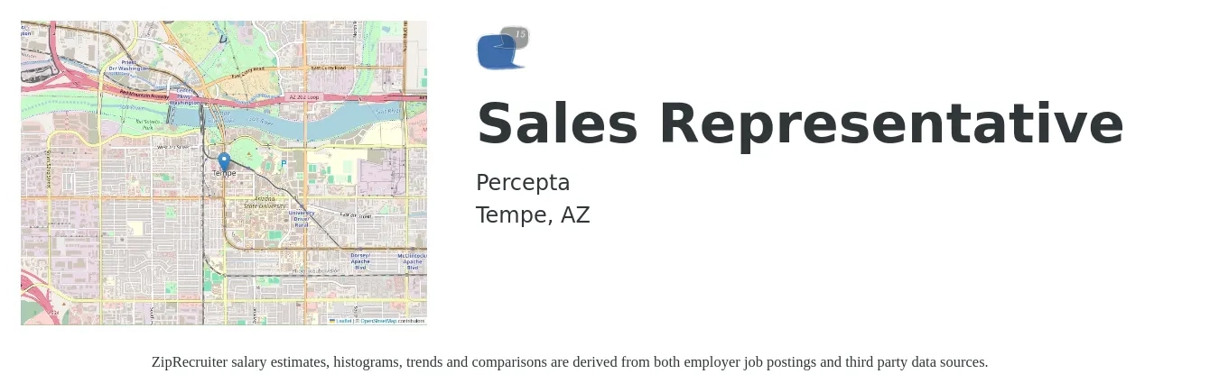 Percepta job posting for a Sales Representative in Tempe, AZ with a salary of $51,200 to $89,100 Yearly with a map of Tempe location.