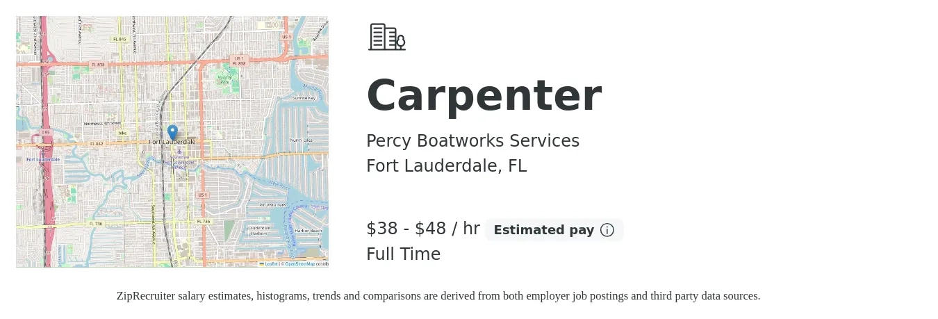 Percy Boatworks Services job posting for a Carpenter in Fort Lauderdale, FL with a salary of $40 to $50 Hourly with a map of Fort Lauderdale location.