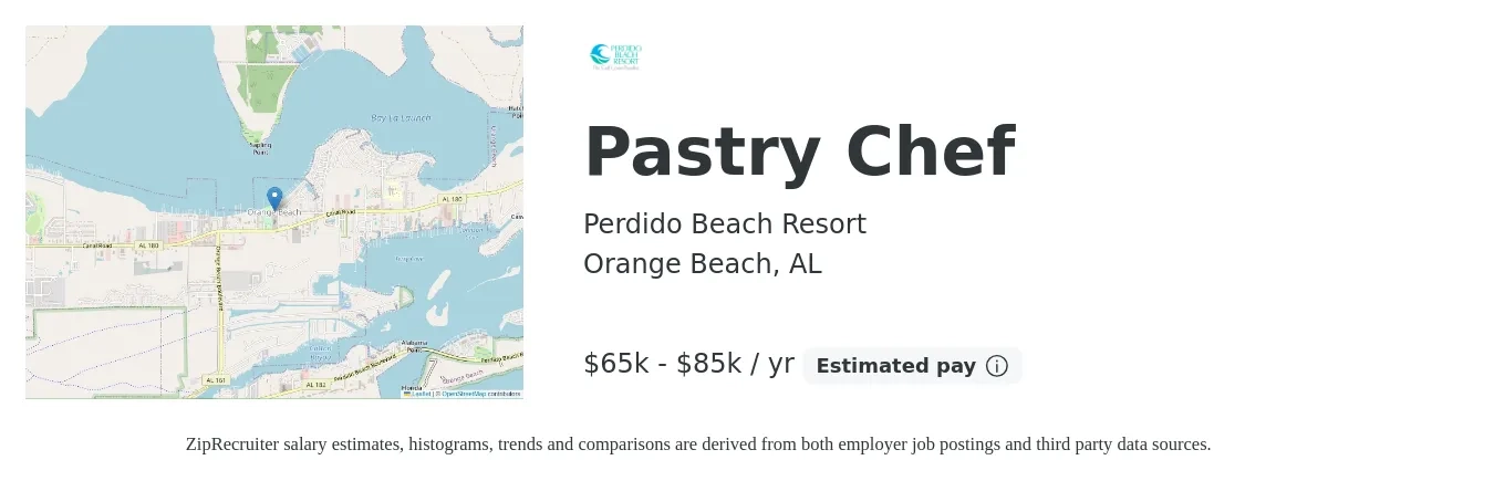 Perdido Beach Resort job posting for a Pastry Chef in Orange Beach, AL with a salary of $65,000 to $85,000 Yearly with a map of Orange Beach location.