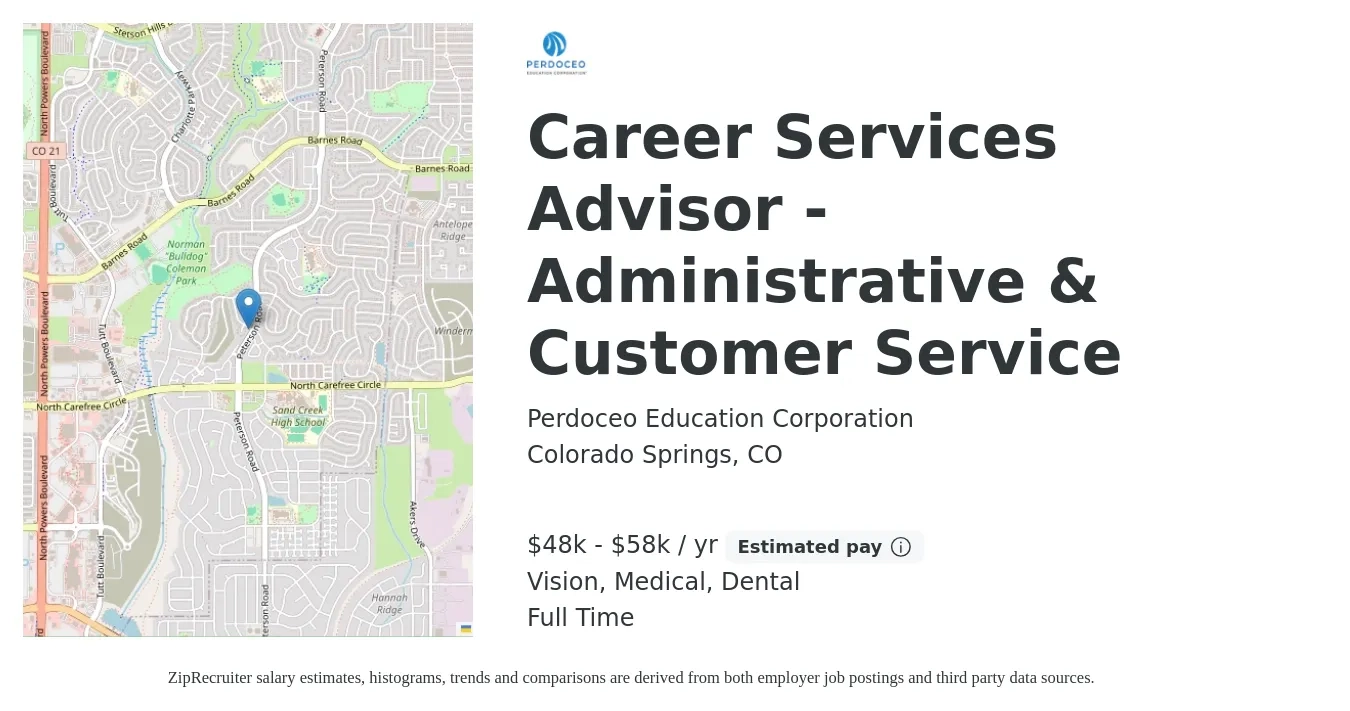Perdoceo Education Corporation job posting for a Career Services Advisor - Administrative & Customer Service in Colorado Springs, CO with a salary of $48,000 to $58,000 Yearly and benefits including dental, medical, retirement, and vision with a map of Colorado Springs location.