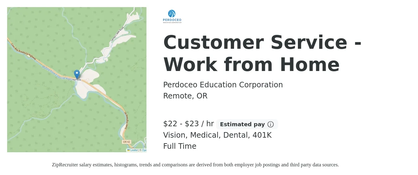 Perdoceo Education Corporation job posting for a Customer Service - Work from Home in Remote, OR with a salary of $23 to $24 Hourly and benefits including 401k, dental, medical, and vision with a map of Remote location.