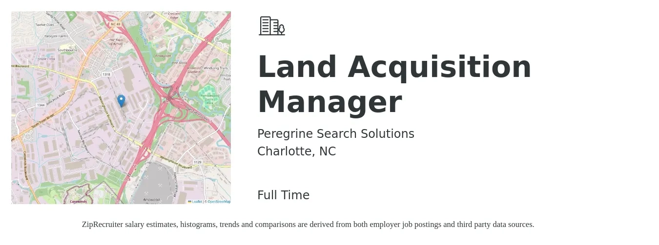 Peregrine Search Solutions job posting for a Land Acquisition Manager in Charlotte, NC with a salary of $88,400 to $125,000 Yearly with a map of Charlotte location.