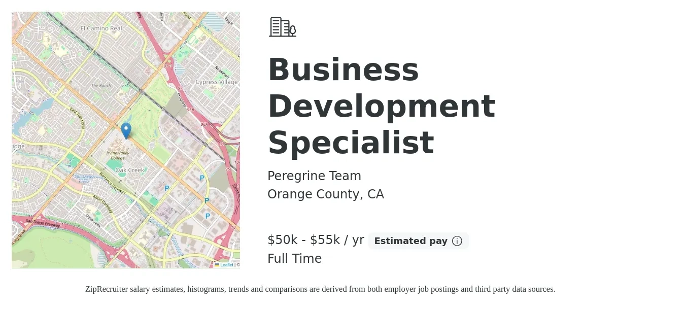 Peregrine Team job posting for a Business Development Specialist in Orange County, CA with a salary of $50,000 to $55,000 Yearly with a map of Orange County location.