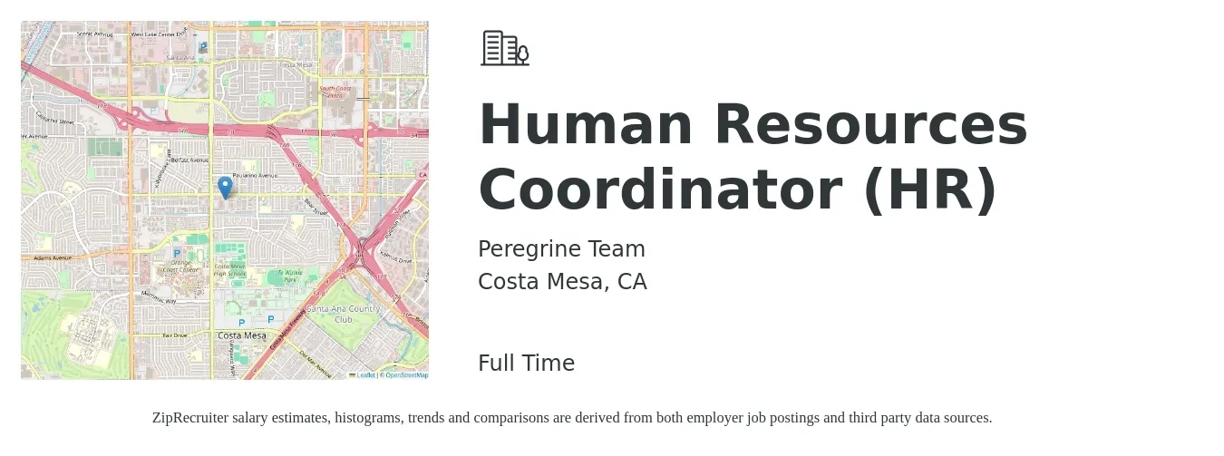 Peregrine Team job posting for a Human Resources Coordinator (HR) in Costa Mesa, CA with a salary of $27 to $36 Hourly with a map of Costa Mesa location.