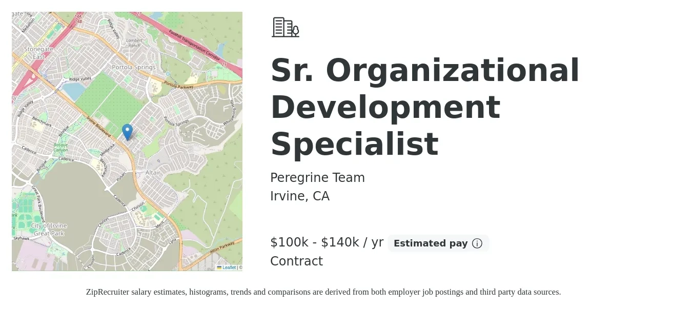 Peregrine Team job posting for a Sr. Organizational Development Specialist in Irvine, CA with a salary of $100,000 to $140,000 Yearly with a map of Irvine location.