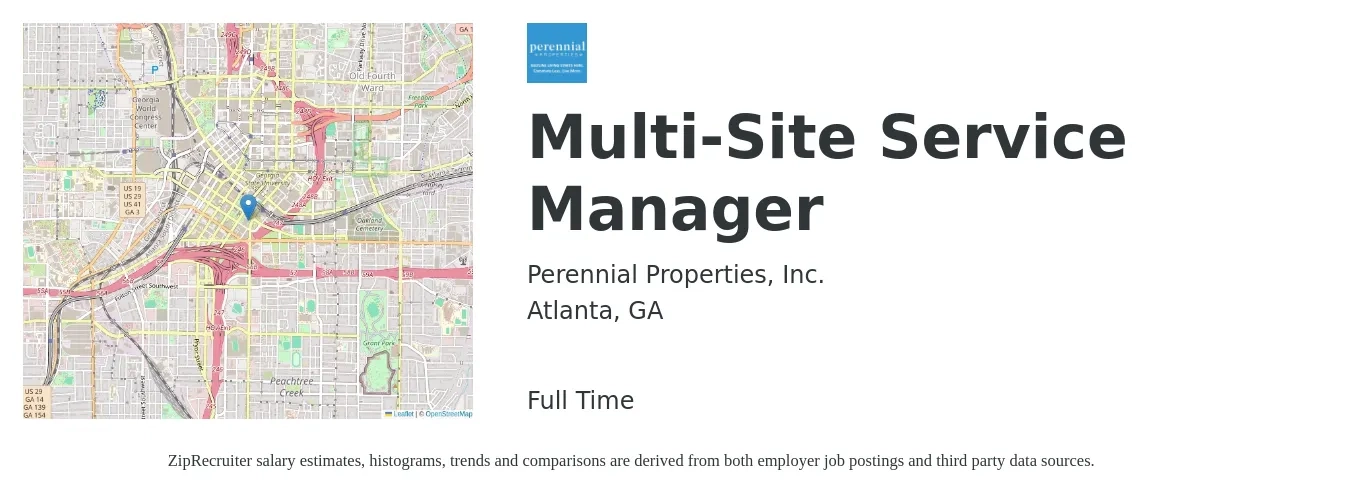 Perennial Properties, Inc. job posting for a Multi-Site Service Manager in Atlanta, GA with a salary of $23 to $39 Hourly with a map of Atlanta location.