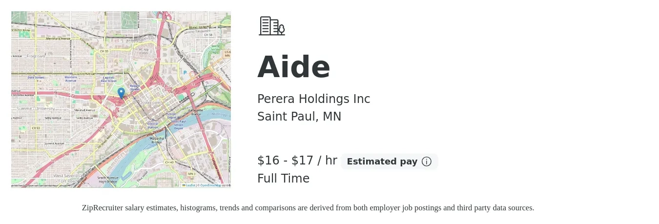 Perera Holdings Inc job posting for a Aide in Saint Paul, MN with a salary of $17 to $18 Hourly with a map of Saint Paul location.