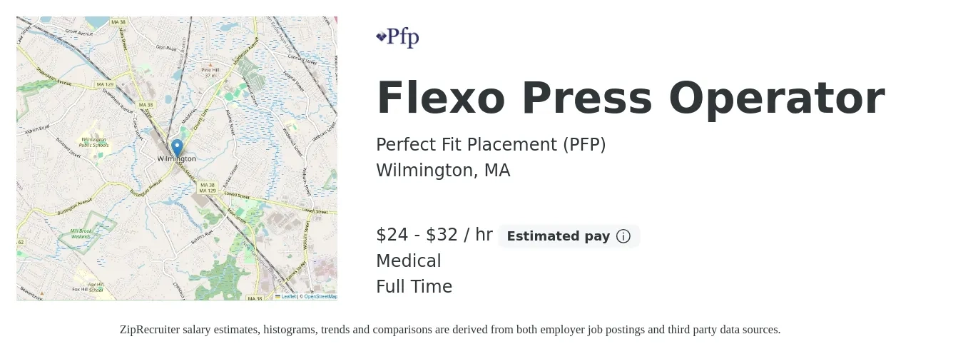 Perfect Fit Placement (PFP) job posting for a Flexo Press Operator in Wilmington, MA with a salary of $25 to $34 Hourly and benefits including retirement, and medical with a map of Wilmington location.