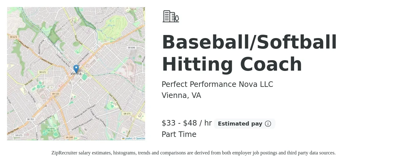 Perfect Performance Nova LLC job posting for a Baseball/Softball Hitting Coach in Vienna, VA with a salary of $35 to $50 Hourly with a map of Vienna location.