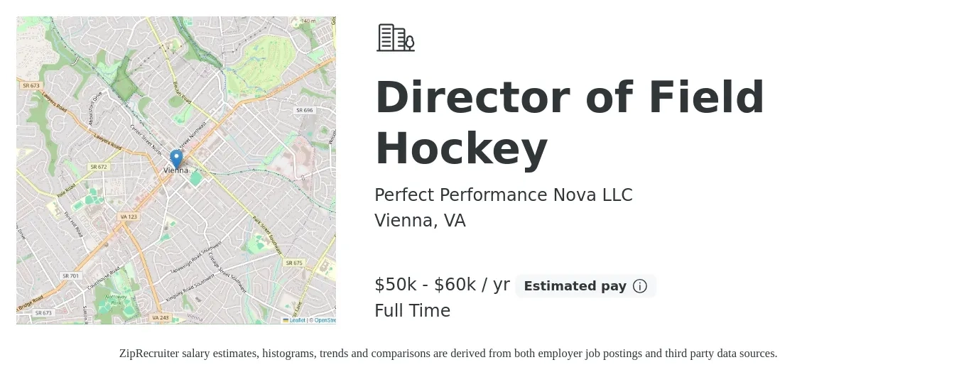 Perfect Performance Nova LLC job posting for a Director of Field Hockey in Vienna, VA with a salary of $50,000 to $60,000 Yearly with a map of Vienna location.