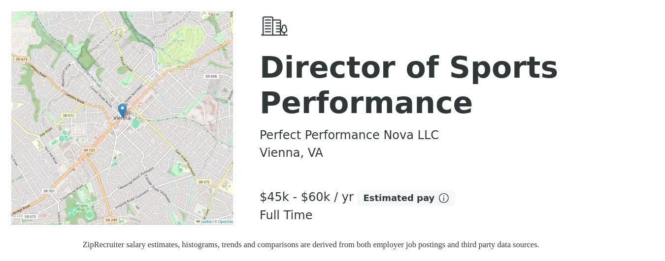 Perfect Performance Nova LLC job posting for a Director of Sports Performance in Vienna, VA with a salary of $45,000 to $60,000 Yearly with a map of Vienna location.