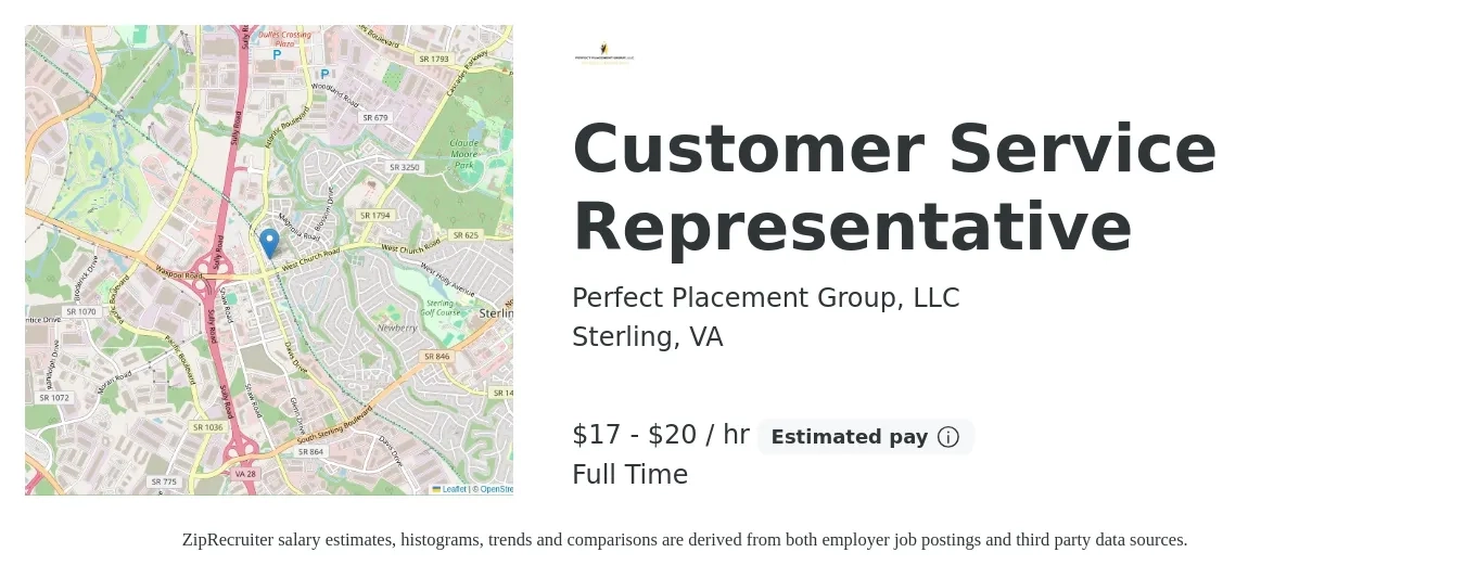Perfect Placement Group, LLC job posting for a Customer Service Representative in Sterling, VA with a salary of $18 to $21 Hourly with a map of Sterling location.